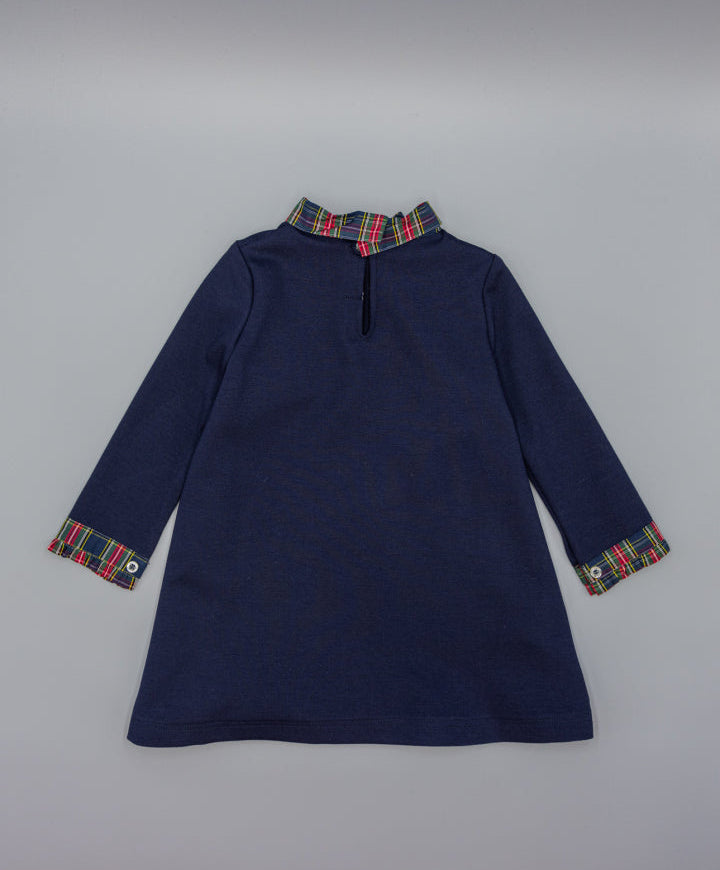 VESTIDO AZUL MARINO DE PUNTO CON LAZO A CUADROS