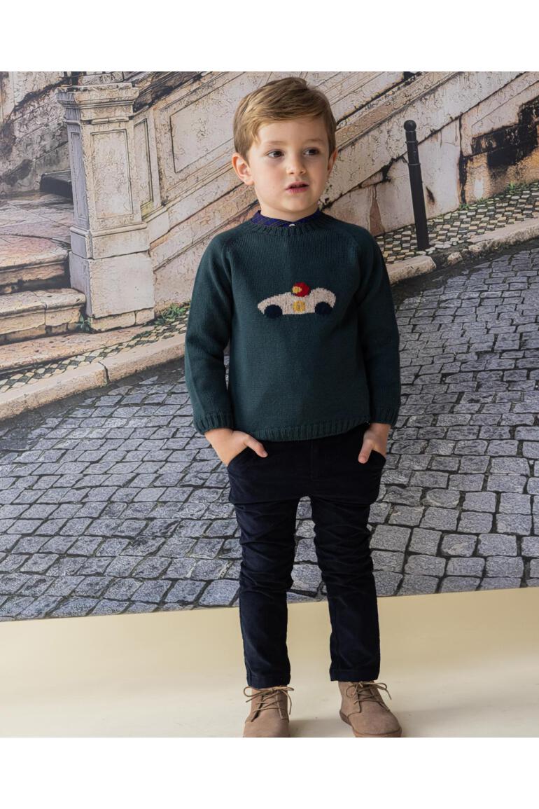 Jersey verde de lana merino con intarsia de coche-Fina Ejerique