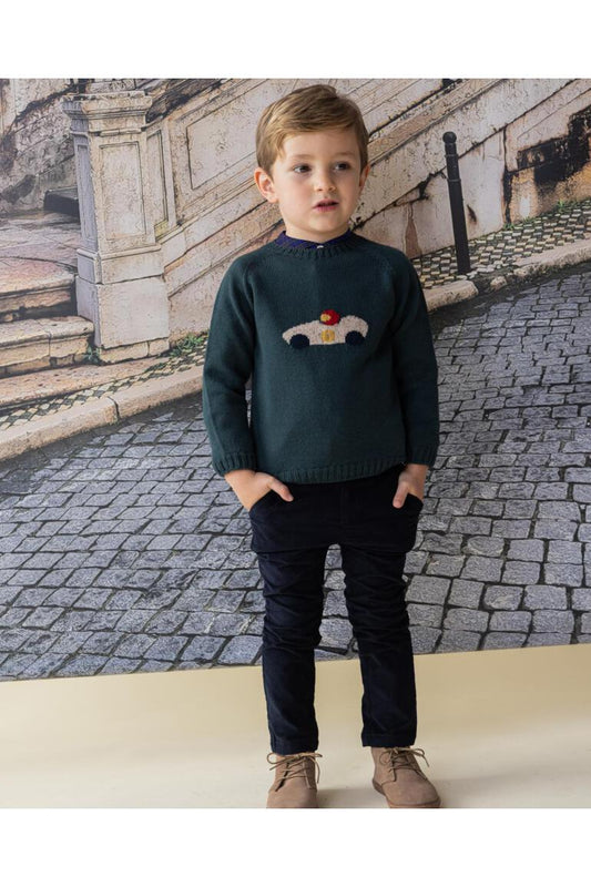 Jersey verde de lana merino con intarsia de coche-Fina Ejerique