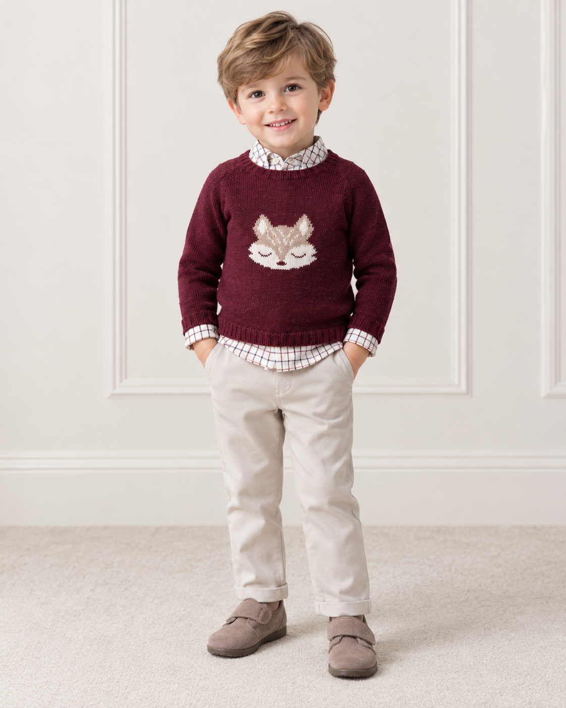 Jersey granate de lana merino con intarsia de zorrito- Fina Ejerique