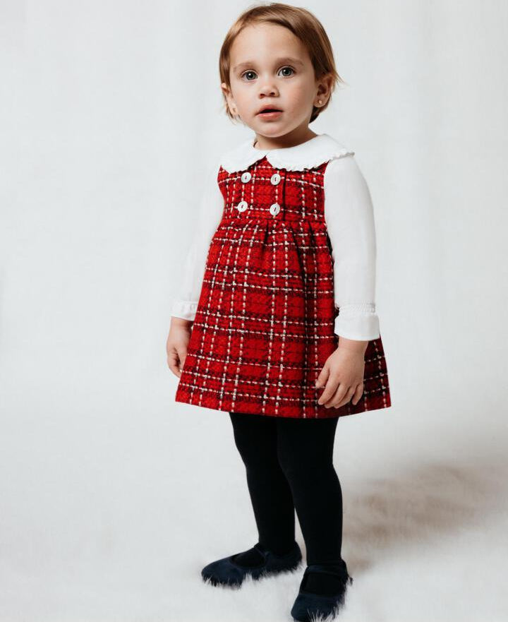 VESTIDO PICHI ROJO CON CUADROS, CUELLO Y MANGAS DE VIELLA BLANCA