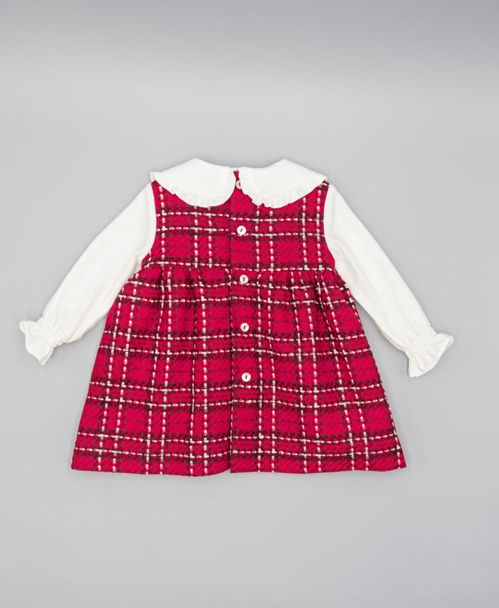 VESTIDO PICHI ROJO CON CUADROS, CUELLO Y MANGAS DE VIELLA BLANCA