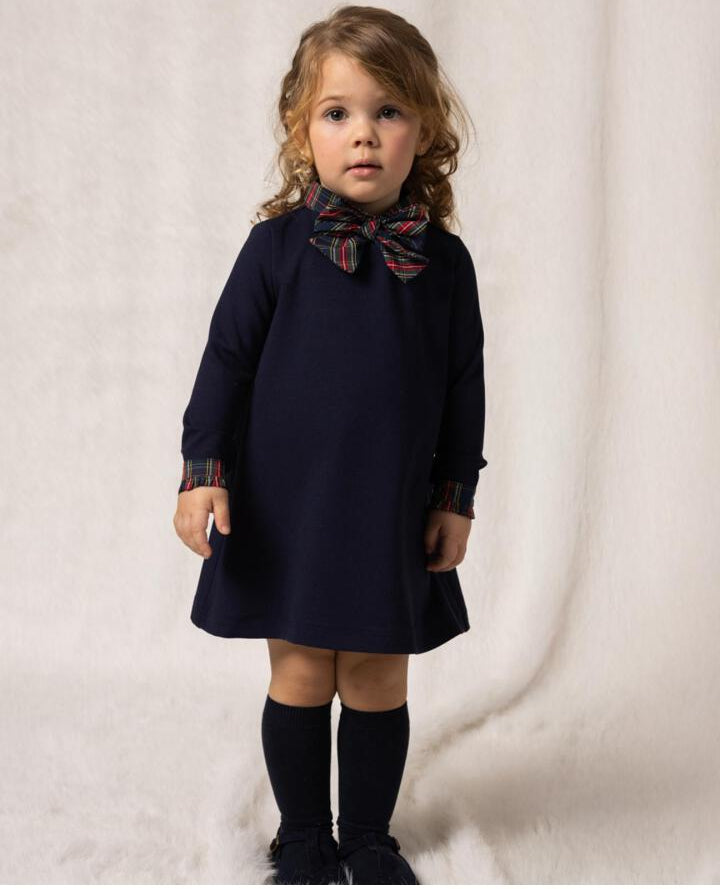 VESTIDO AZUL MARINO DE PUNTO CON LAZO A CUADROS