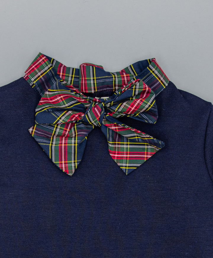 VESTIDO AZUL MARINO DE PUNTO CON LAZO A CUADROS