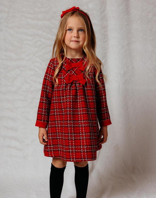 VESTIDO NIÑA TEJIDO ESTRUCTURADO ROJO CON LAZOS