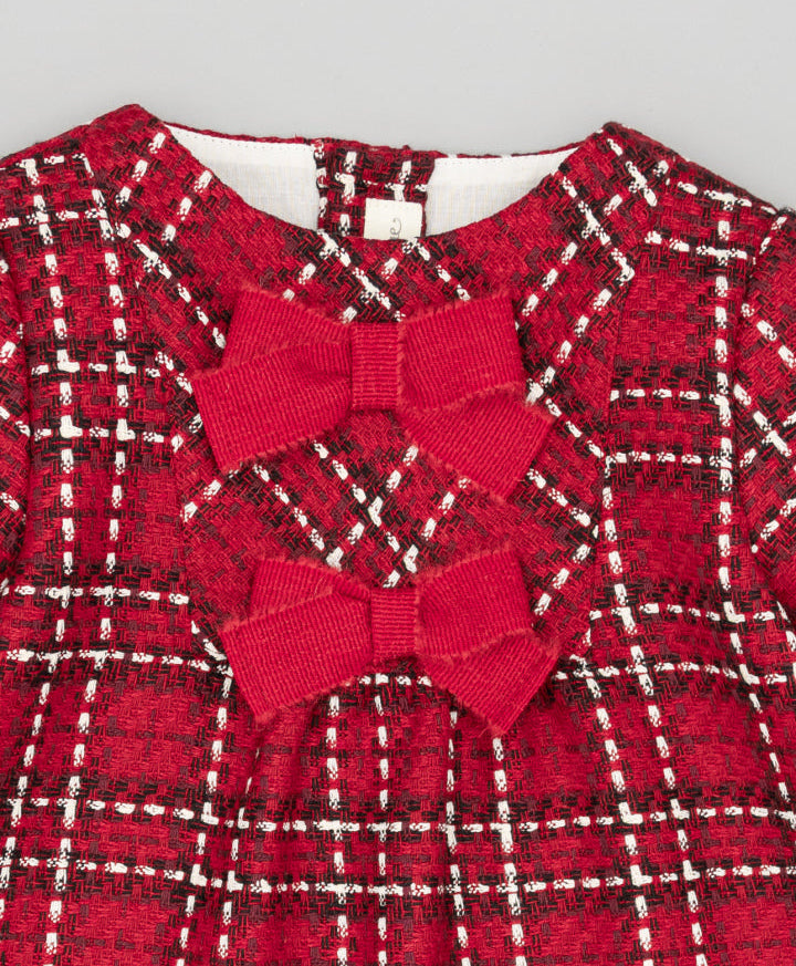 VESTIDO NIÑA TEJIDO ESTRUCTURADO ROJO CON LAZOS