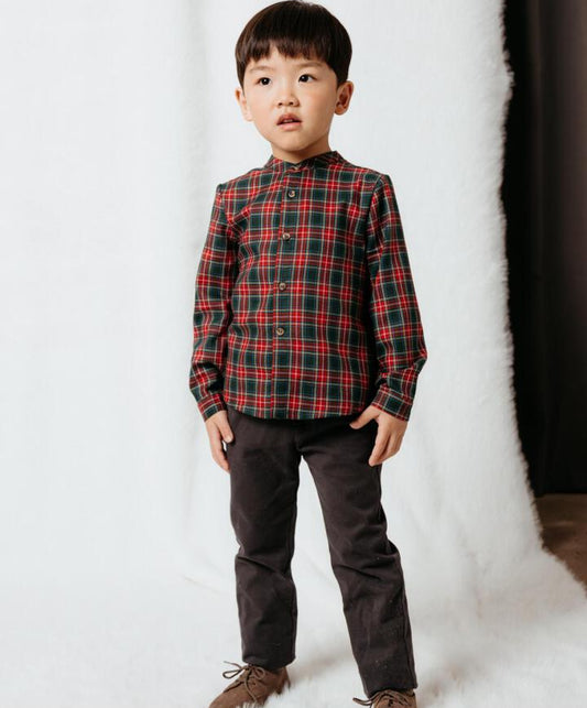 CAMISA VERDE DE VIELLA CON CUADROS Y CUELLO MAO