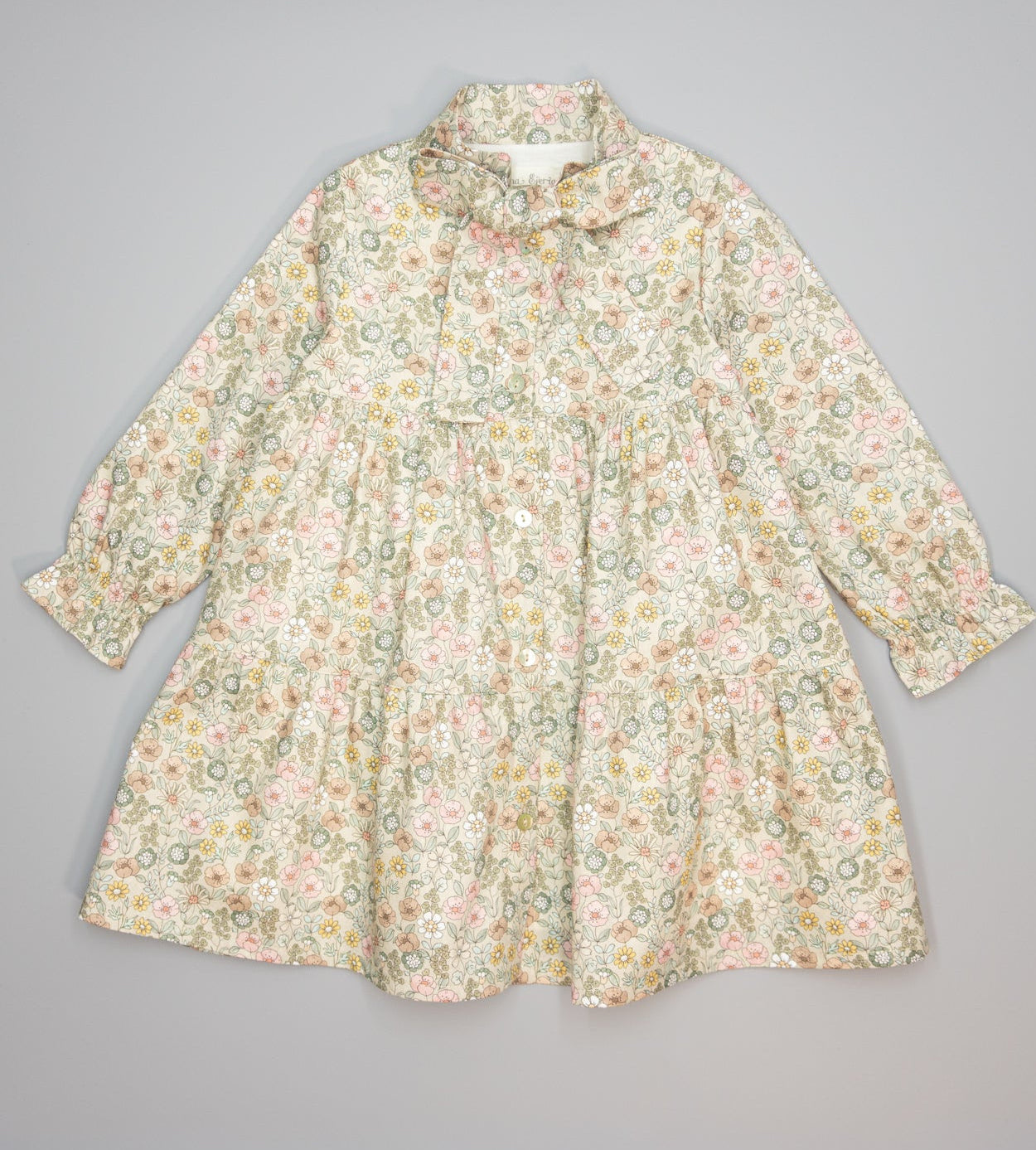 Vestido beige de viella floral con volantes y lazada en cuello-FINA EJERIQUE