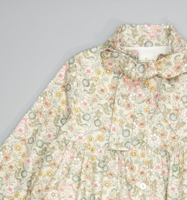 Vestido beige de viella floral con volantes y lazada en cuello-FINA EJERIQUE