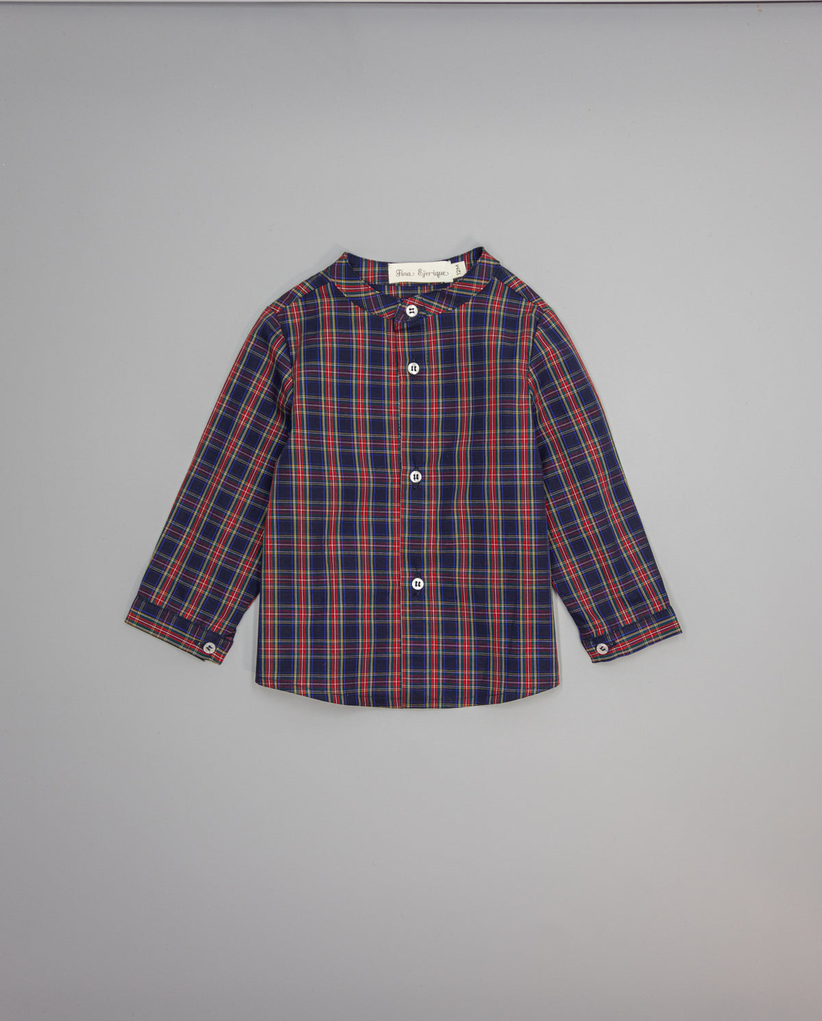 Camisa niño de viella a cuadros escoceses rojos y marino con cuello mao- Fina Ejerique