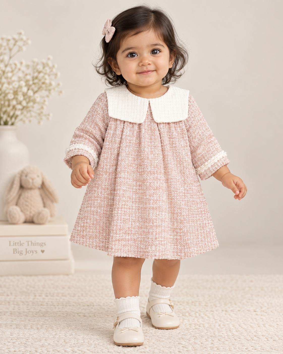 Vestido beige de tweed con lazo rosa de grosgrain y bolsillos - Fina Ejerique - Crudo