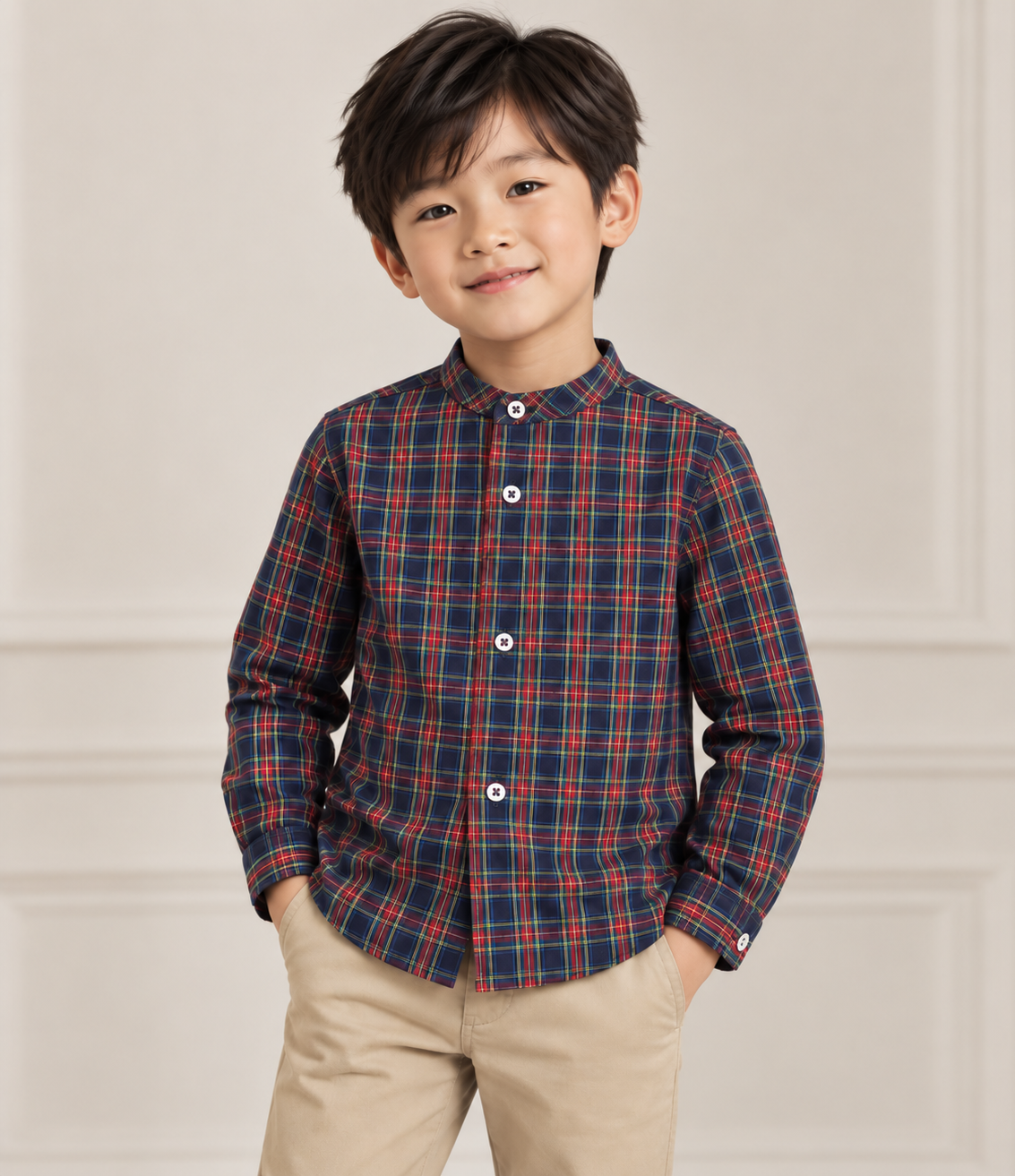 Camisa niño de viella a cuadros escoceses rojos y marino con cuello mao- Fina Ejerique