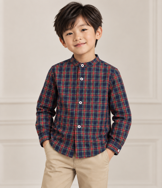 Camisa niño de viella a cuadros escoceses rojos y marino con cuello mao- Fina Ejerique
