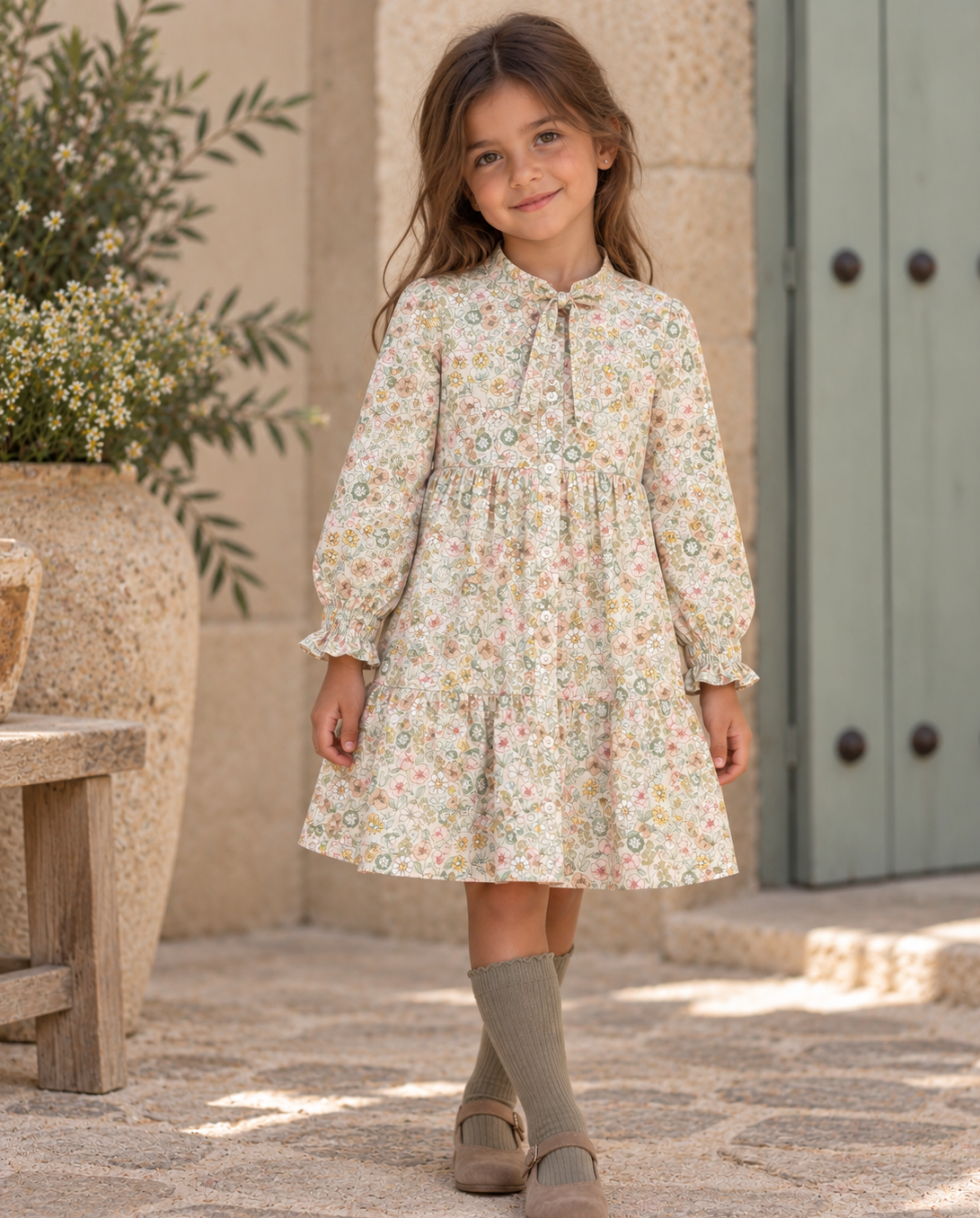 Vestido beige de viella floral con volantes y lazada en cuello-FINA EJERIQUE